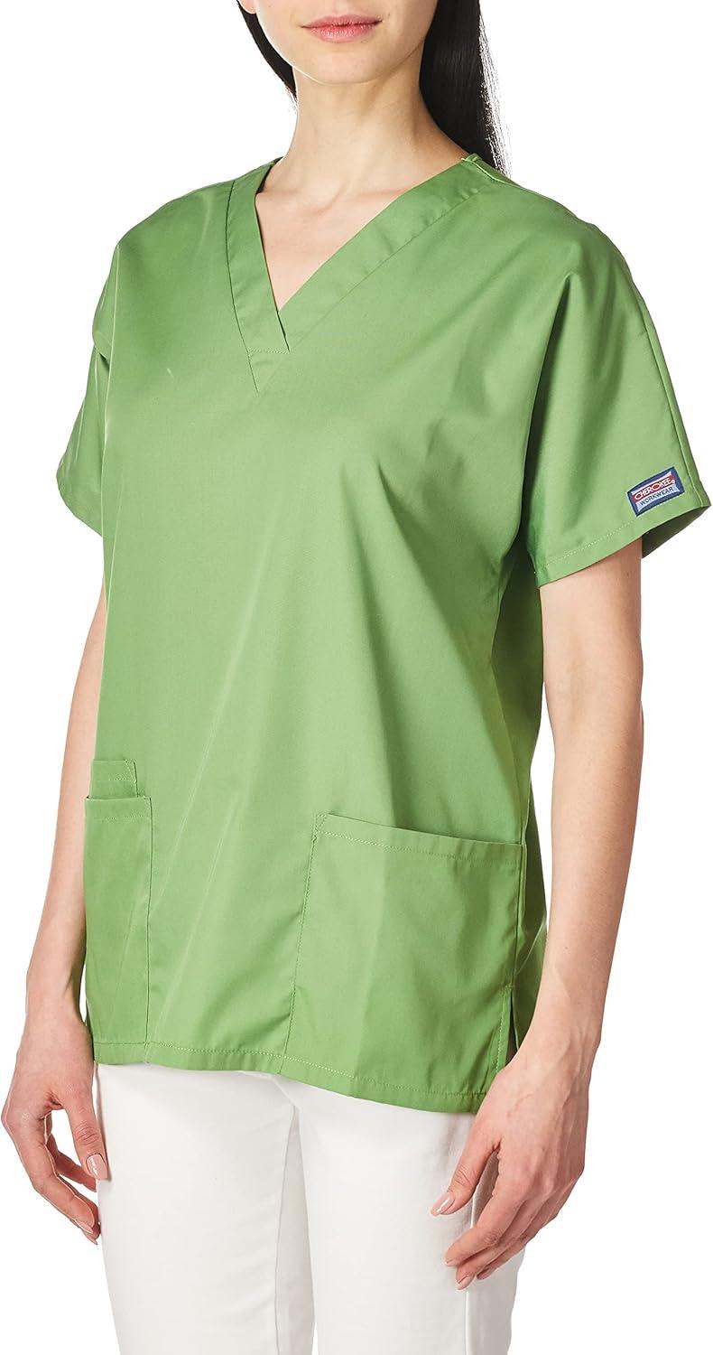 imageCherokee Scrubs for Women VNeck Top 3 Pockets Fade Resistant Soft Stretch Fabric with Shirttail Hem amp Side vents WW665Aloe