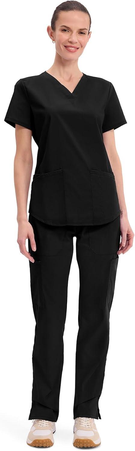 imageCherokee Scrubs for Women VNeck Top 3 Pockets Fade Resistant Soft Stretch Fabric with Shirttail Hem amp Side vents WW665Black