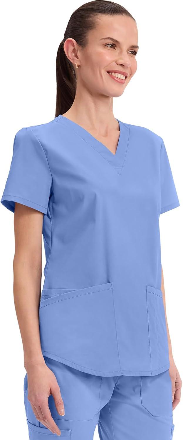 imageCherokee Scrubs for Women VNeck Top 3 Pockets Fade Resistant Soft Stretch Fabric with Shirttail Hem amp Side vents WW665Ciel