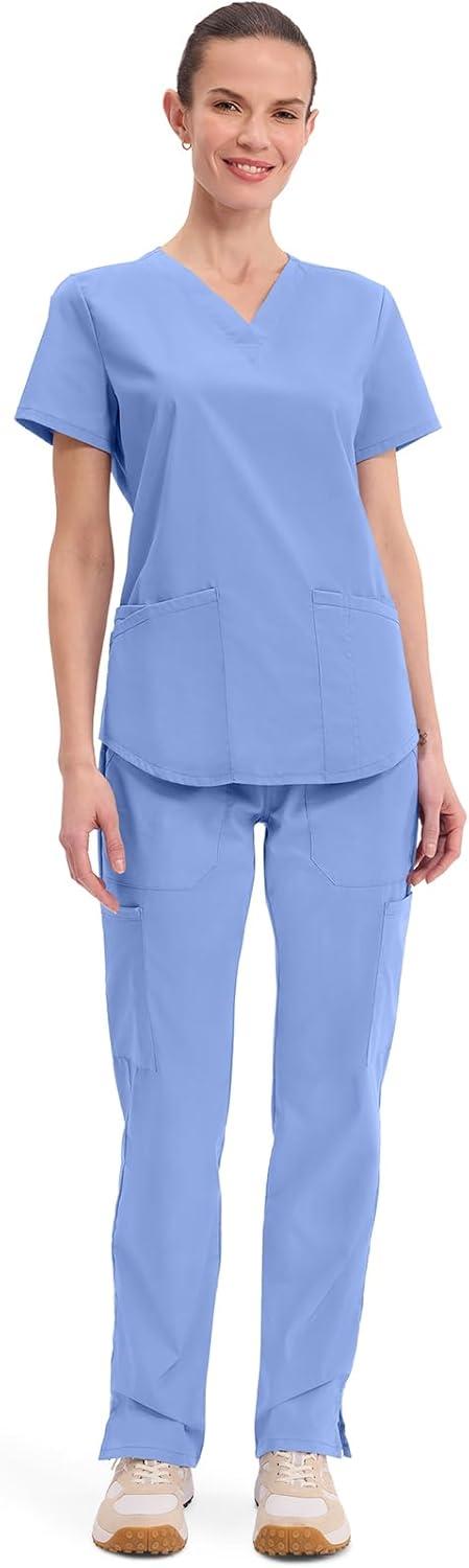 imageCherokee Scrubs for Women VNeck Top 3 Pockets Fade Resistant Soft Stretch Fabric with Shirttail Hem amp Side vents WW665Ciel