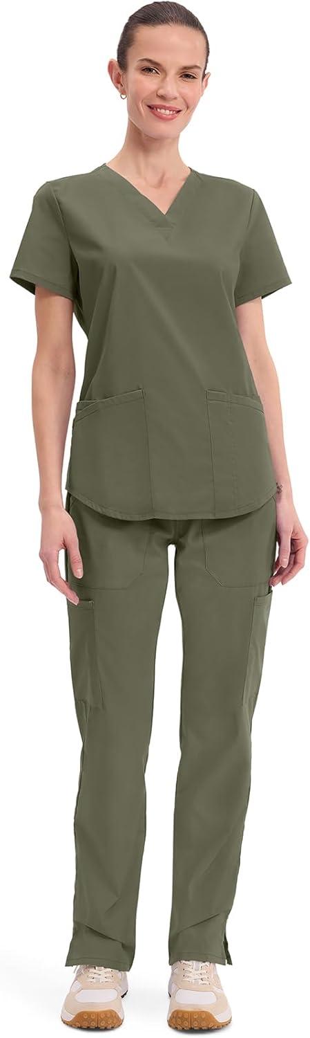 imageCherokee Scrubs for Women VNeck Top 3 Pockets Fade Resistant Soft Stretch Fabric with Shirttail Hem amp Side vents WW665Ciel