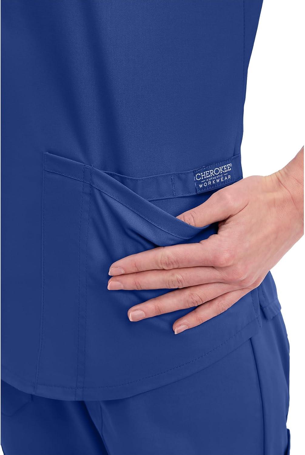 imageCherokee Scrubs for Women VNeck Top 3 Pockets Fade Resistant Soft Stretch Fabric with Shirttail Hem amp Side vents WW665Galaxy Blue