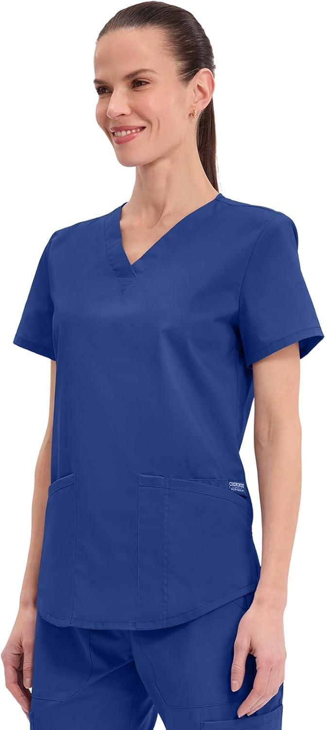 imageCherokee Scrubs for Women VNeck Top 3 Pockets Fade Resistant Soft Stretch Fabric with Shirttail Hem amp Side vents WW665Galaxy Blue
