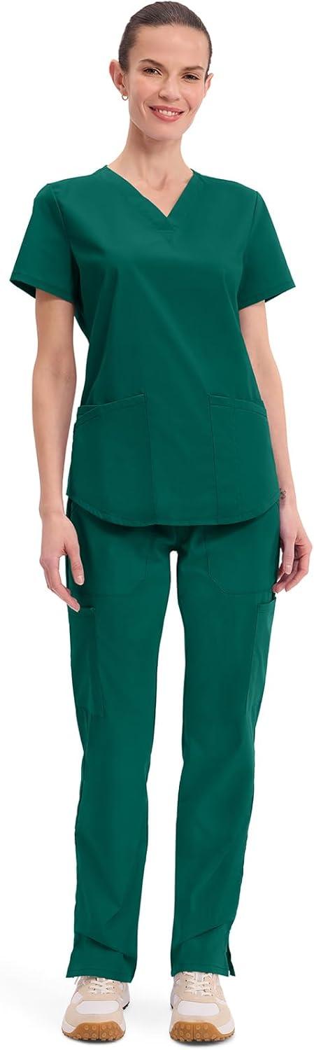 imageCherokee Scrubs for Women VNeck Top 3 Pockets Fade Resistant Soft Stretch Fabric with Shirttail Hem amp Side vents WW665Hunter Green