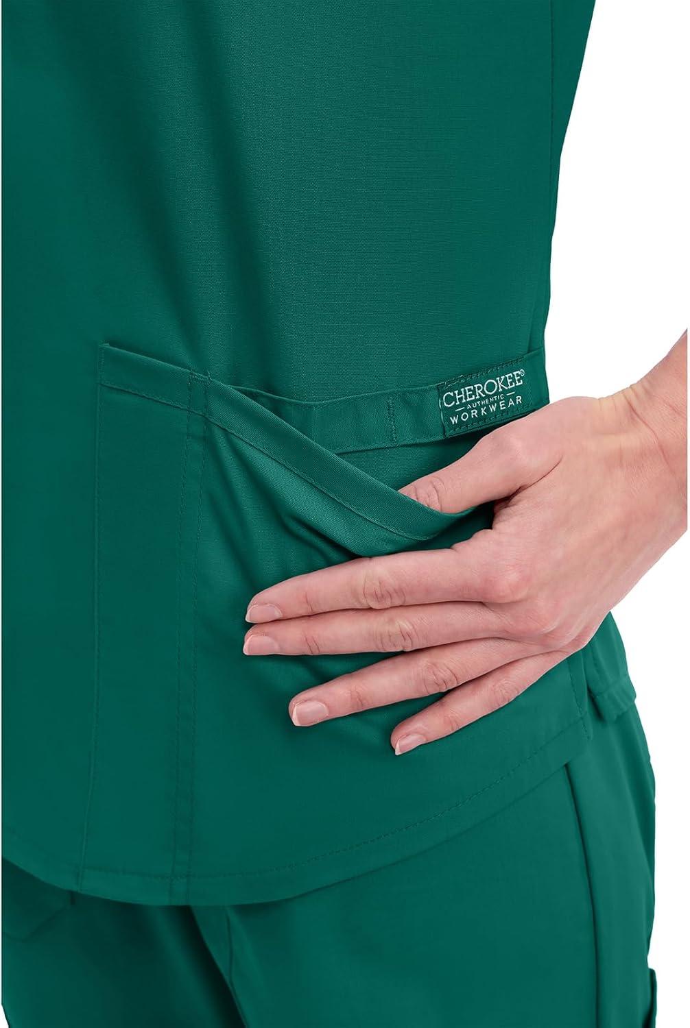 imageCherokee Scrubs for Women VNeck Top 3 Pockets Fade Resistant Soft Stretch Fabric with Shirttail Hem amp Side vents WW665Hunter Green