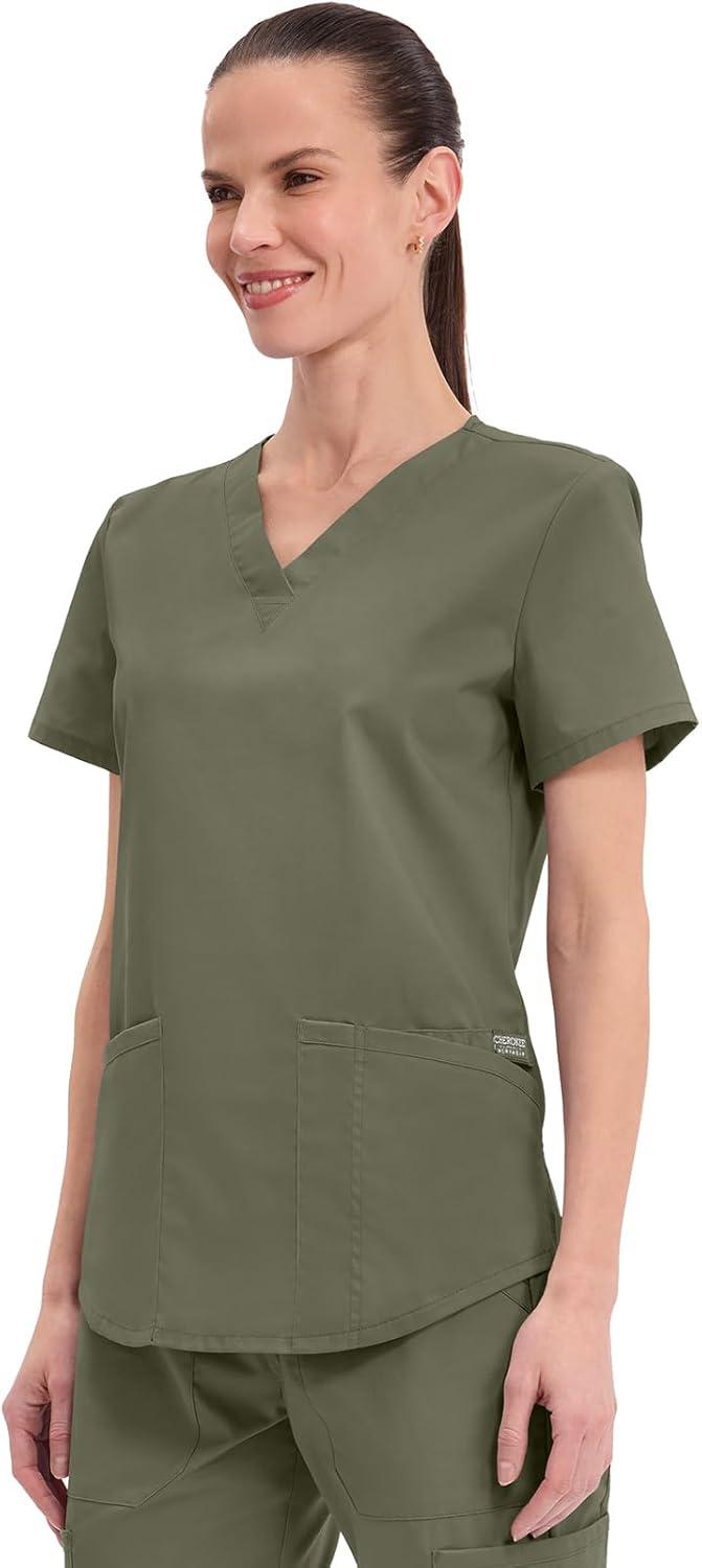 imageCherokee Scrubs for Women VNeck Top 3 Pockets Fade Resistant Soft Stretch Fabric with Shirttail Hem amp Side vents WW665Olive