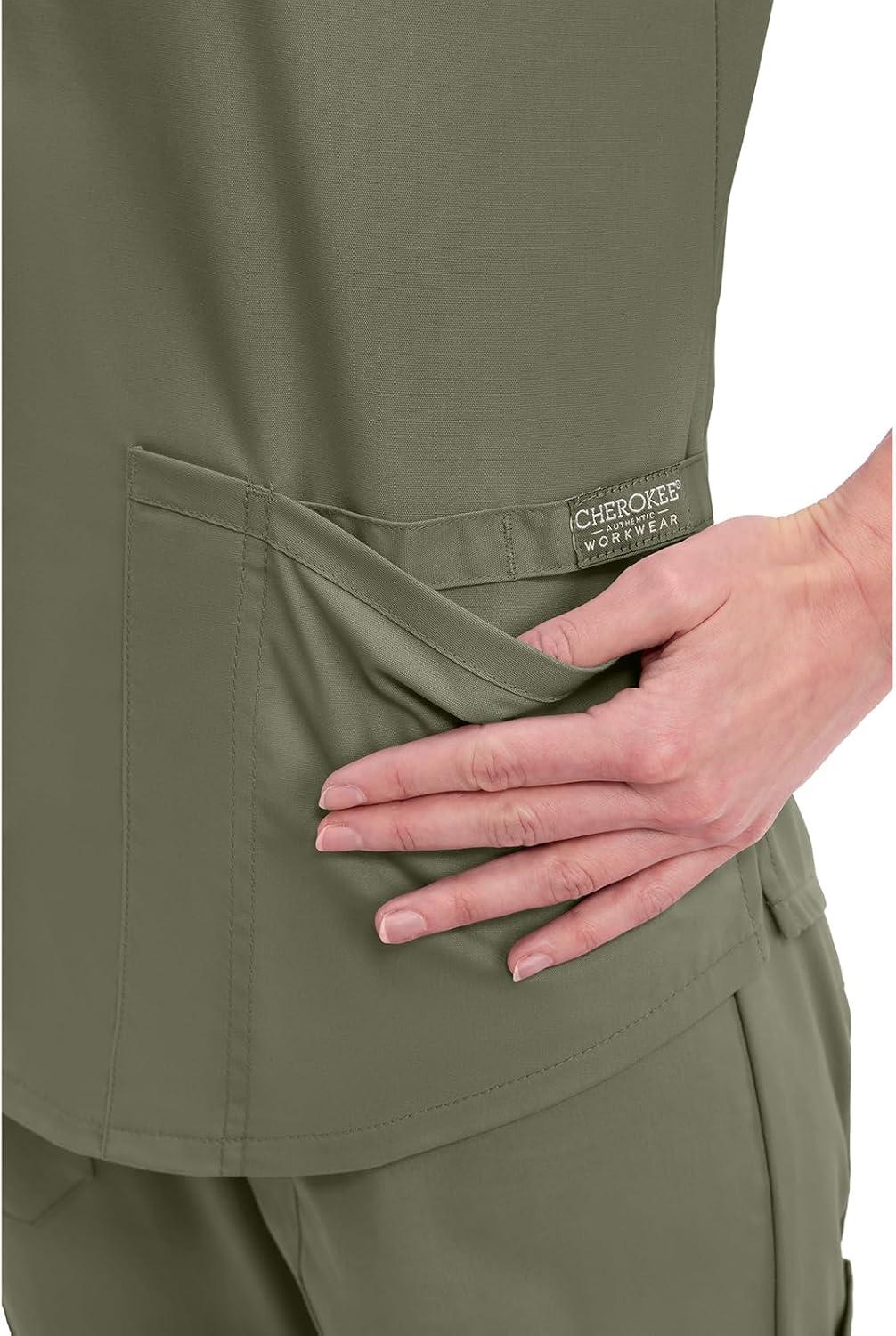 imageCherokee Scrubs for Women VNeck Top 3 Pockets Fade Resistant Soft Stretch Fabric with Shirttail Hem amp Side vents WW665Olive