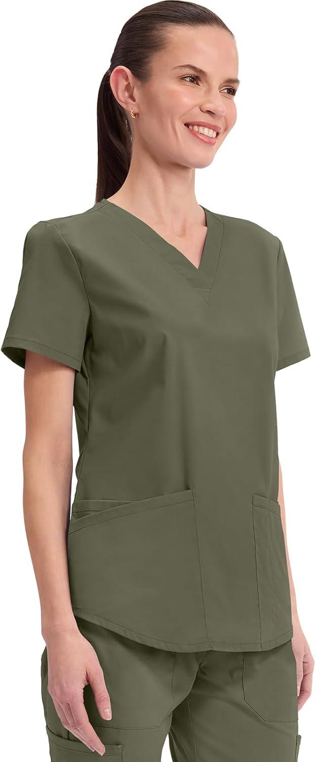 imageCherokee Scrubs for Women VNeck Top 3 Pockets Fade Resistant Soft Stretch Fabric with Shirttail Hem amp Side vents WW665Olive