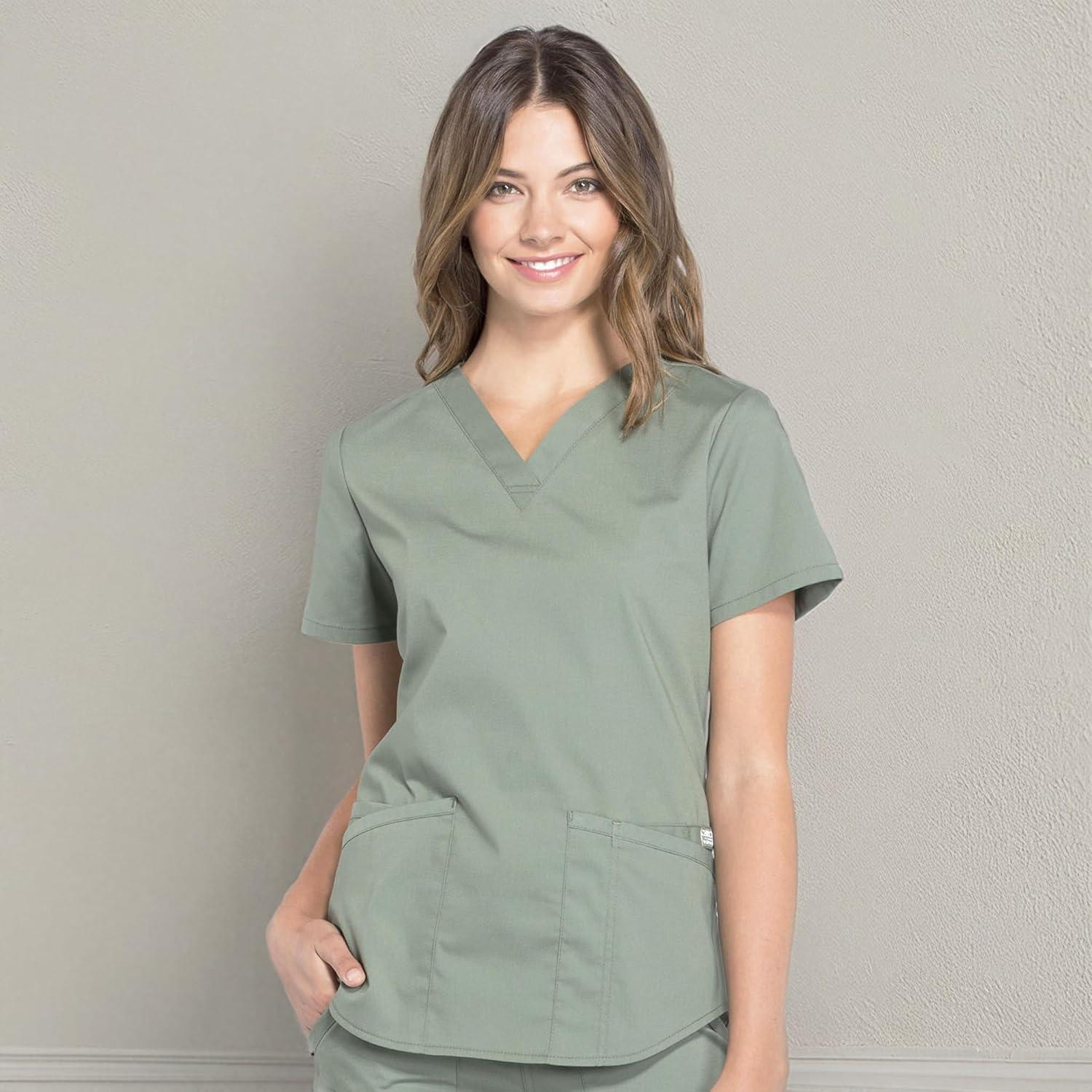 imageCherokee Scrubs for Women VNeck Top 3 Pockets Fade Resistant Soft Stretch Fabric with Shirttail Hem amp Side vents WW665Olive