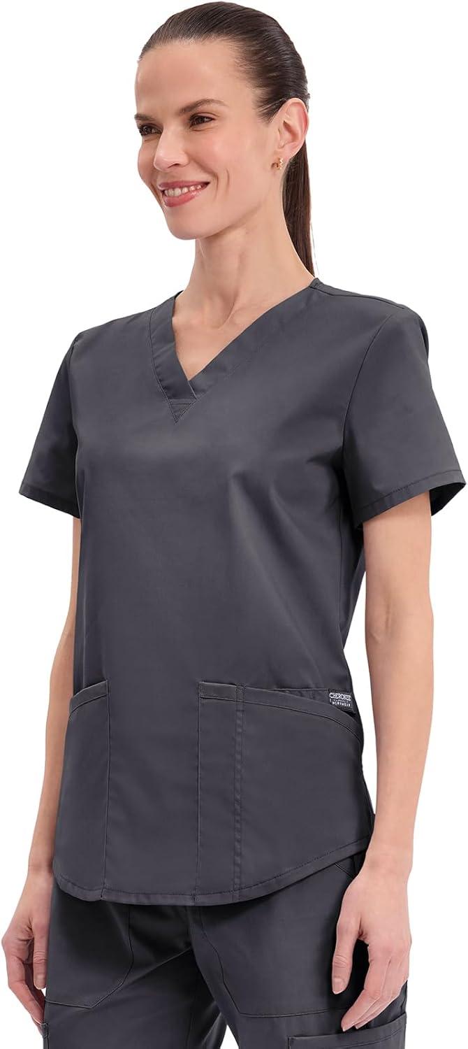 imageCherokee Scrubs for Women VNeck Top 3 Pockets Fade Resistant Soft Stretch Fabric with Shirttail Hem amp Side vents WW665Pewter