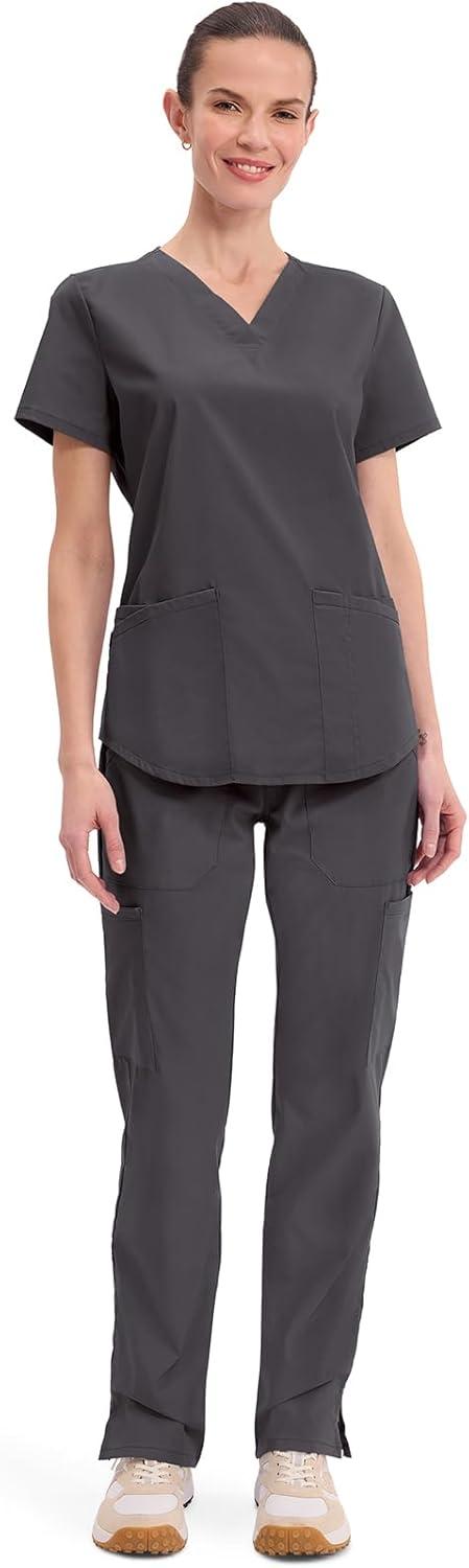 imageCherokee Scrubs for Women VNeck Top 3 Pockets Fade Resistant Soft Stretch Fabric with Shirttail Hem amp Side vents WW665Pewter