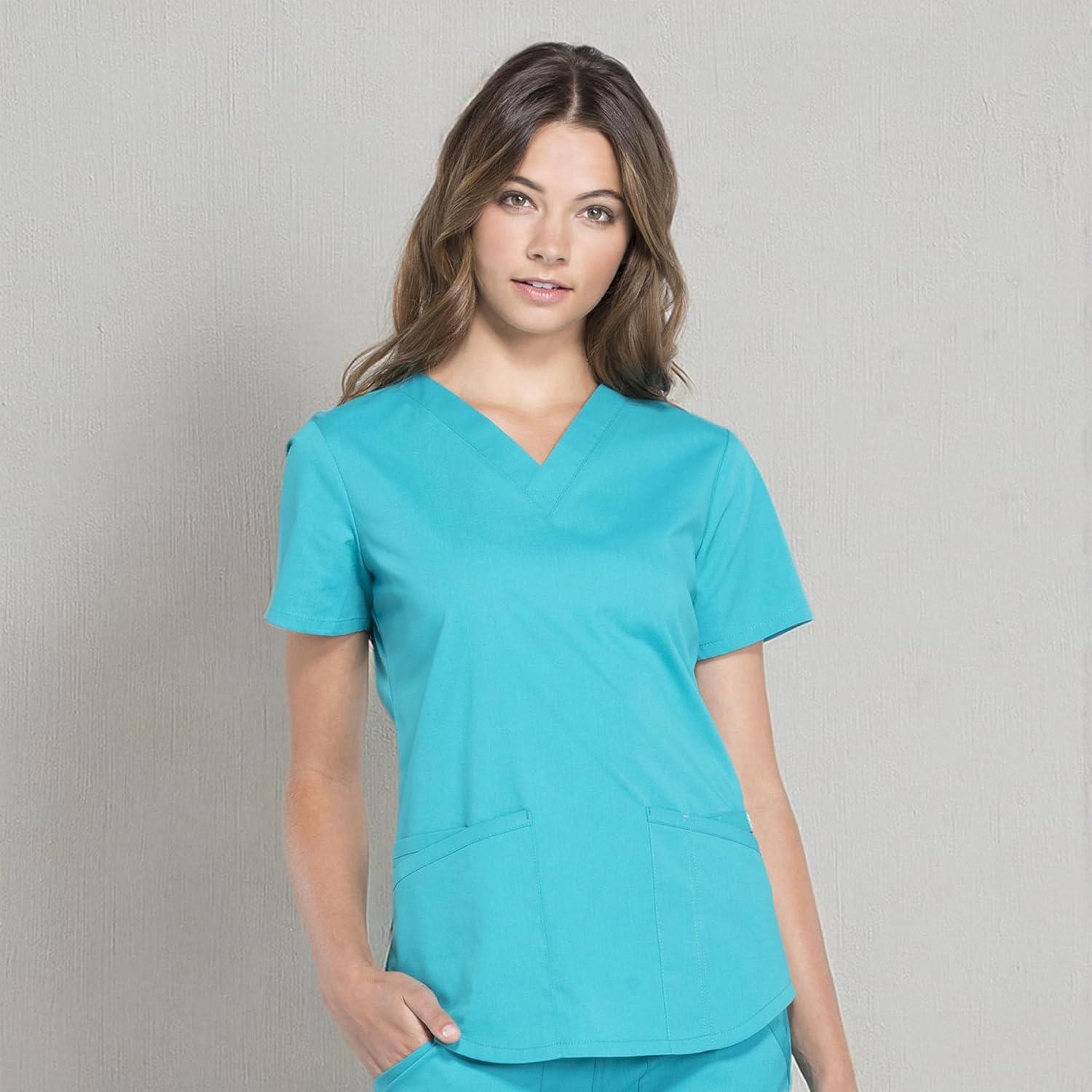 imageCherokee Scrubs for Women VNeck Top 3 Pockets Fade Resistant Soft Stretch Fabric with Shirttail Hem amp Side vents WW665Teal Blue