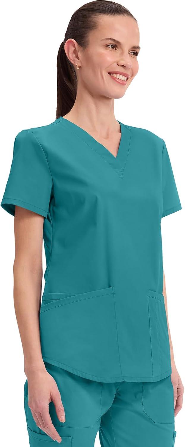 imageCherokee Scrubs for Women VNeck Top 3 Pockets Fade Resistant Soft Stretch Fabric with Shirttail Hem amp Side vents WW665Teal Blue