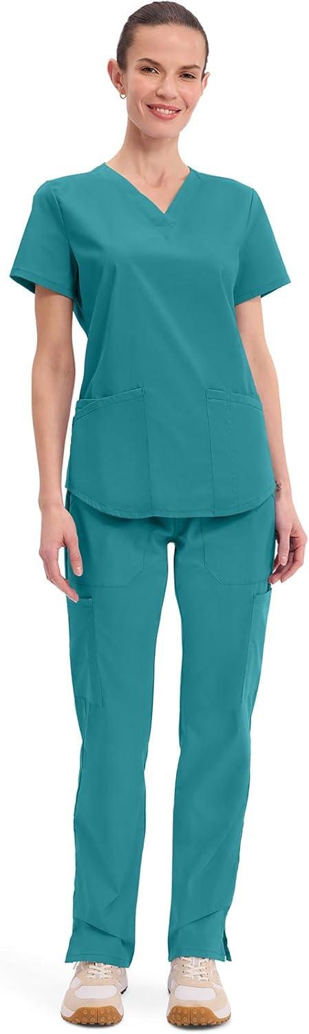 imageCherokee Scrubs for Women VNeck Top 3 Pockets Fade Resistant Soft Stretch Fabric with Shirttail Hem amp Side vents WW665Teal Blue