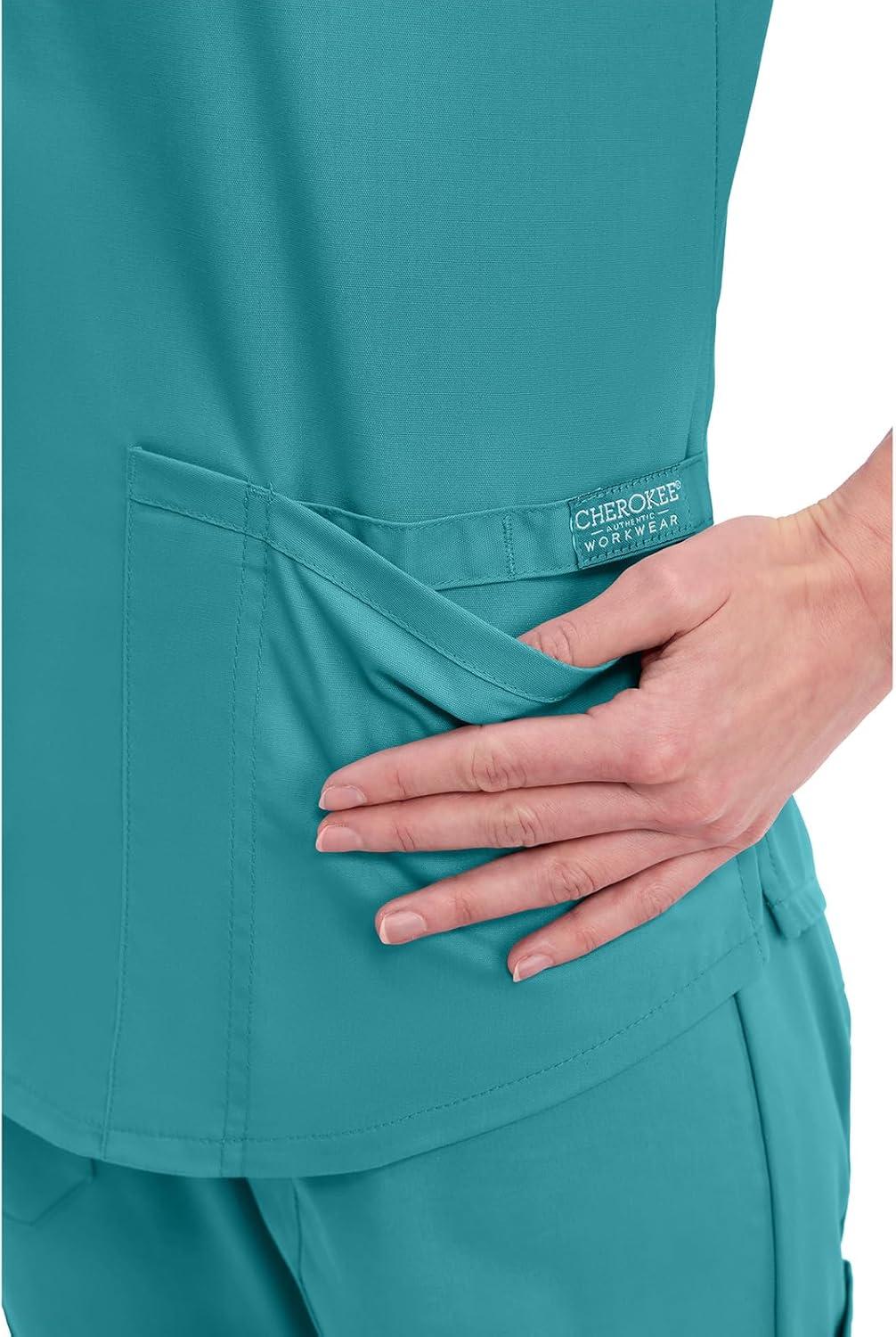 imageCherokee Scrubs for Women VNeck Top 3 Pockets Fade Resistant Soft Stretch Fabric with Shirttail Hem amp Side vents WW665Teal Blue