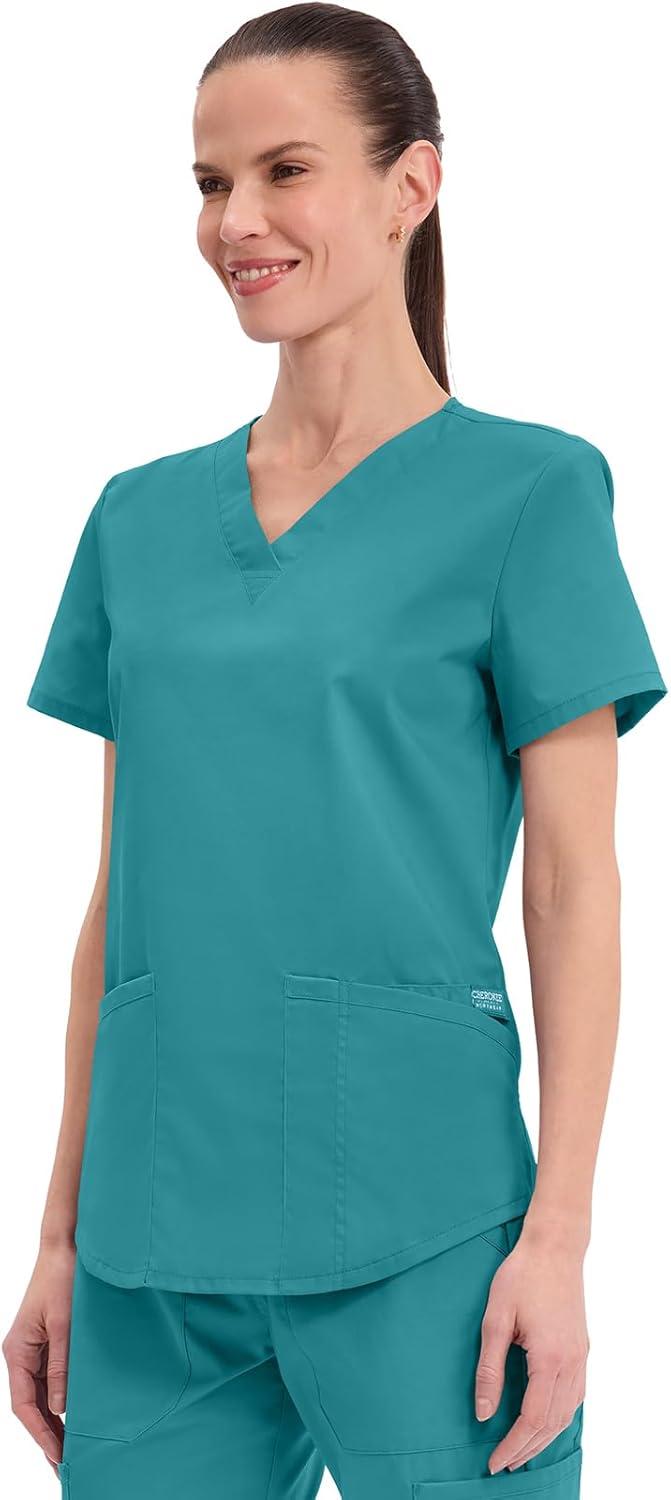 imageCherokee Scrubs for Women VNeck Top 3 Pockets Fade Resistant Soft Stretch Fabric with Shirttail Hem amp Side vents WW665Teal Blue