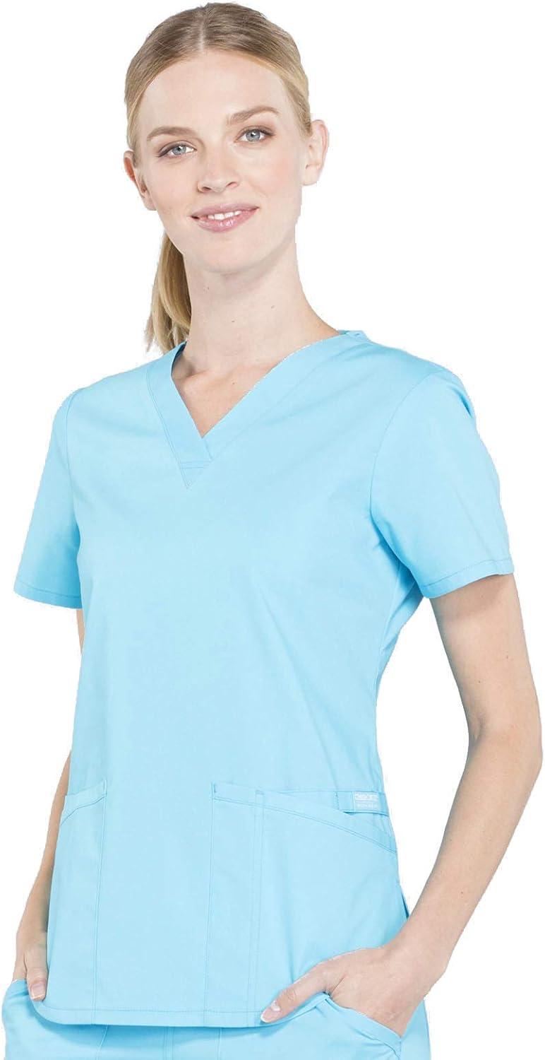 imageCherokee Scrubs for Women VNeck Top 3 Pockets Fade Resistant Soft Stretch Fabric with Shirttail Hem amp Side vents WW665Turquoise