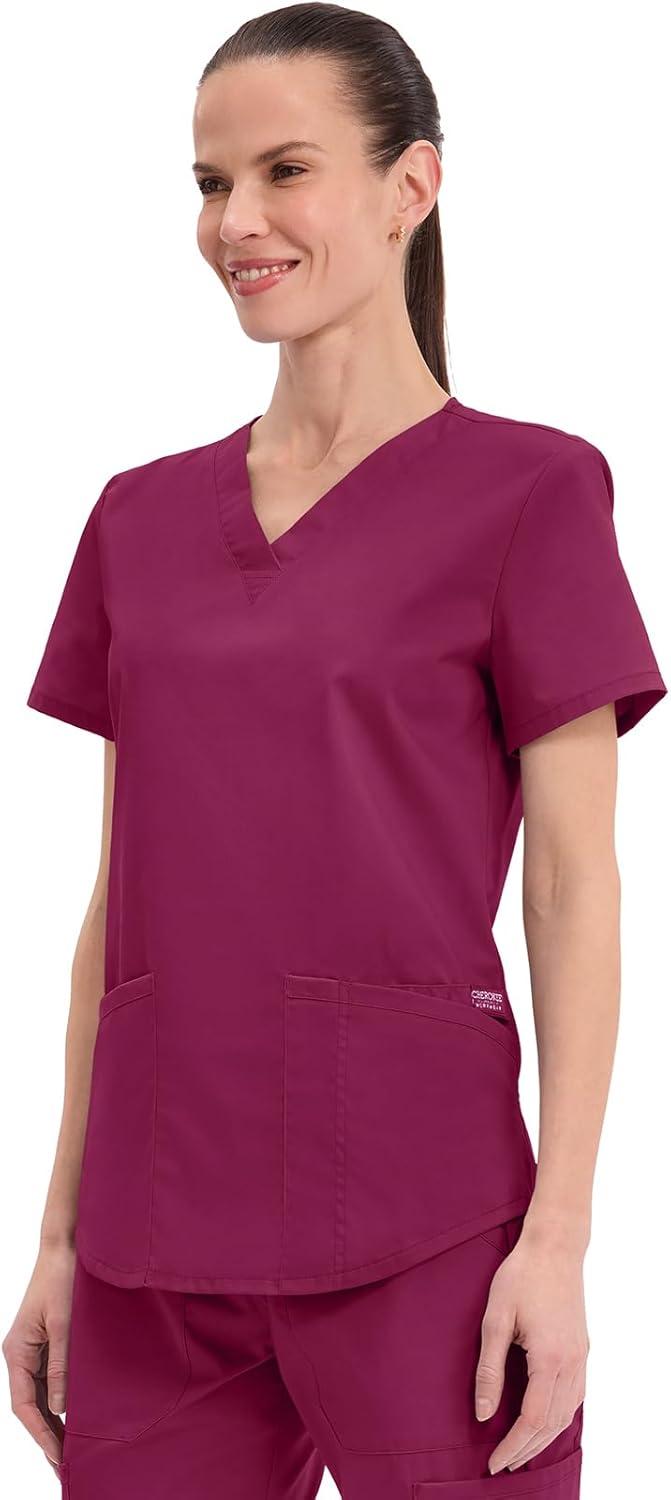 imageCherokee Scrubs for Women VNeck Top 3 Pockets Fade Resistant Soft Stretch Fabric with Shirttail Hem amp Side vents WW665Wine