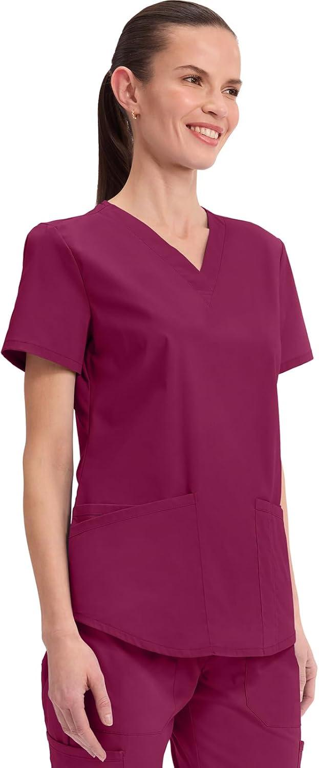 imageCherokee Scrubs for Women VNeck Top 3 Pockets Fade Resistant Soft Stretch Fabric with Shirttail Hem amp Side vents WW665Wine