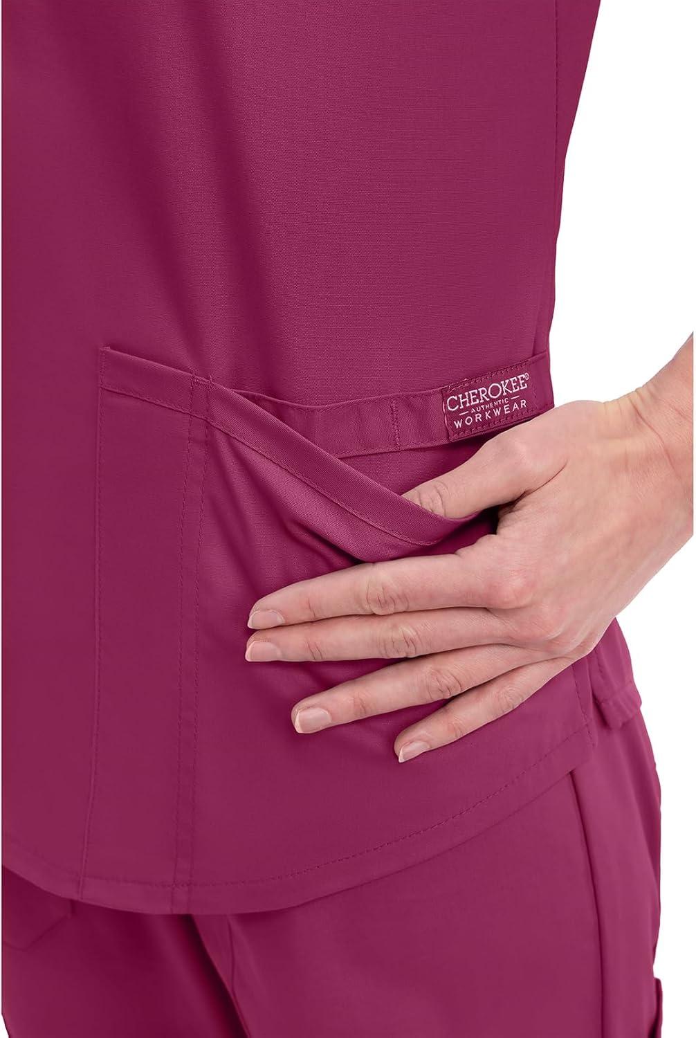 imageCherokee Scrubs for Women VNeck Top 3 Pockets Fade Resistant Soft Stretch Fabric with Shirttail Hem amp Side vents WW665Wine
