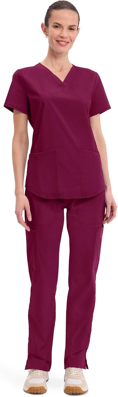 imageCherokee Scrubs for Women VNeck Top 3 Pockets Fade Resistant Soft Stretch Fabric with Shirttail Hem amp Side vents WW665Wine