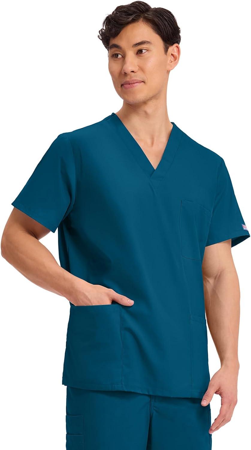imageCherokee Scrubs for Women and Men Unisex VNeck Nursing Scrub Top with 3 Pockets Side Vents amp Easy Care Fabric 4876Caribbean Blue