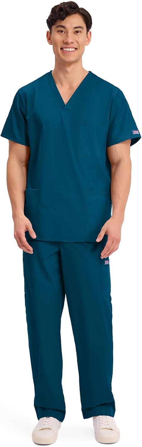 imageCherokee Scrubs for Women and Men Unisex VNeck Nursing Scrub Top with 3 Pockets Side Vents amp Easy Care Fabric 4876Caribbean Blue
