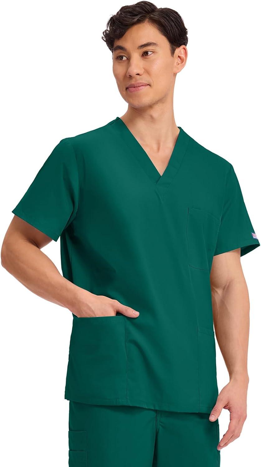 imageCherokee Scrubs for Women and Men Unisex VNeck Nursing Scrub Top with 3 Pockets Side Vents amp Easy Care Fabric 4876Hunter