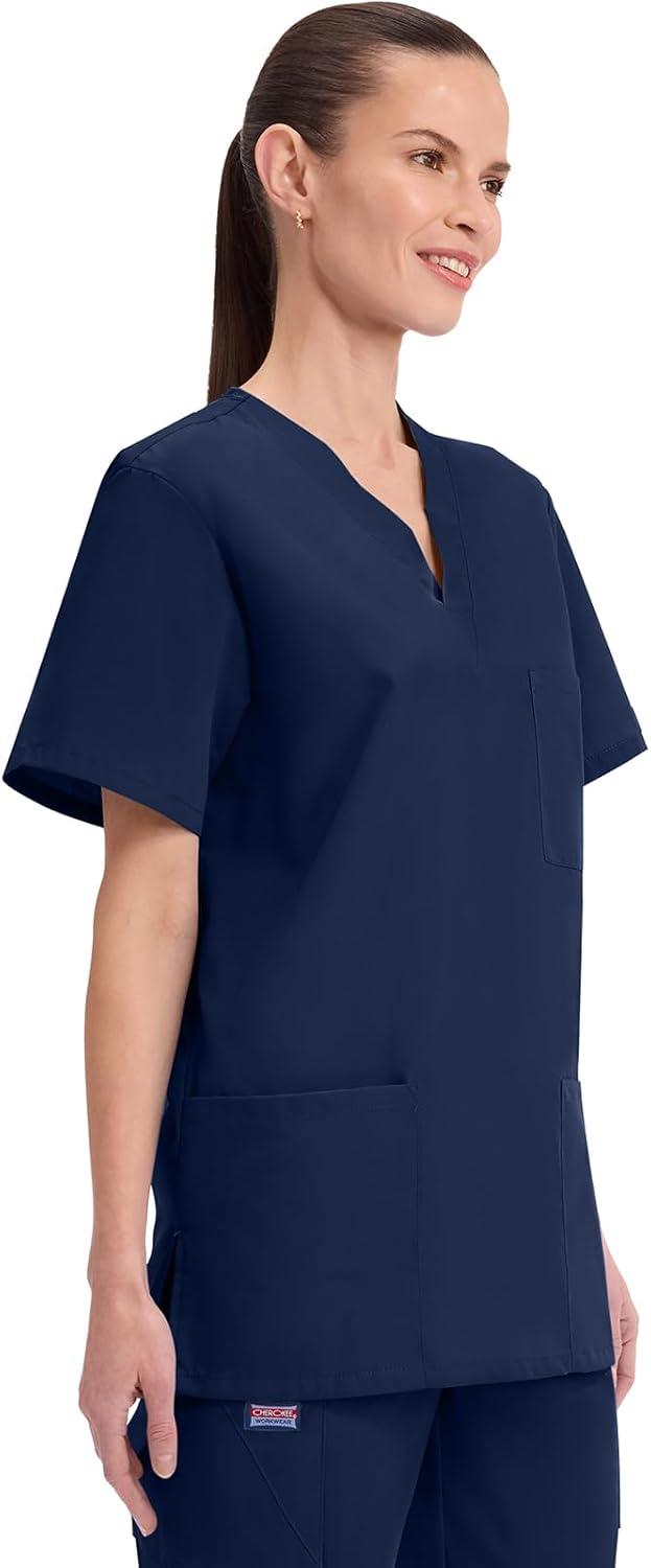 imageCherokee Scrubs for Women and Men Unisex VNeck Nursing Scrub Top with 3 Pockets Side Vents amp Easy Care Fabric 4876Navy