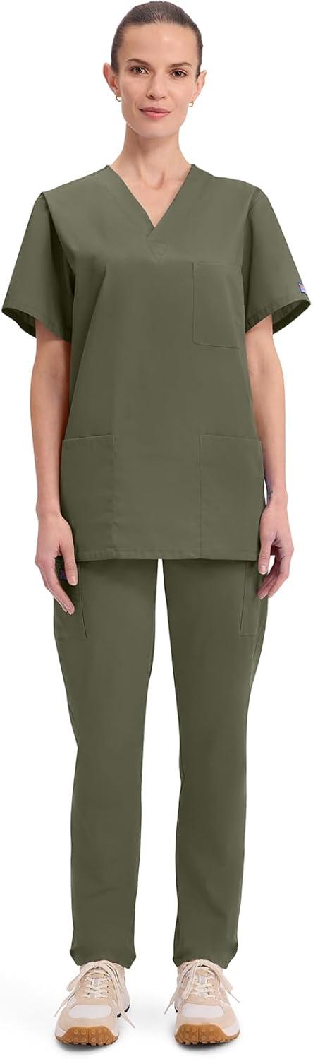 imageCherokee Scrubs for Women and Men Unisex VNeck Nursing Scrub Top with 3 Pockets Side Vents amp Easy Care Fabric 4876Olive