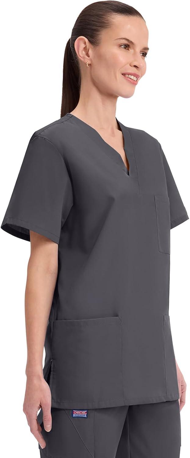 imageCherokee Scrubs for Women and Men Unisex VNeck Nursing Scrub Top with 3 Pockets Side Vents amp Easy Care Fabric 4876Pewter