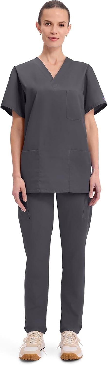imageCherokee Scrubs for Women and Men Unisex VNeck Nursing Scrub Top with 3 Pockets Side Vents amp Easy Care Fabric 4876Pewter