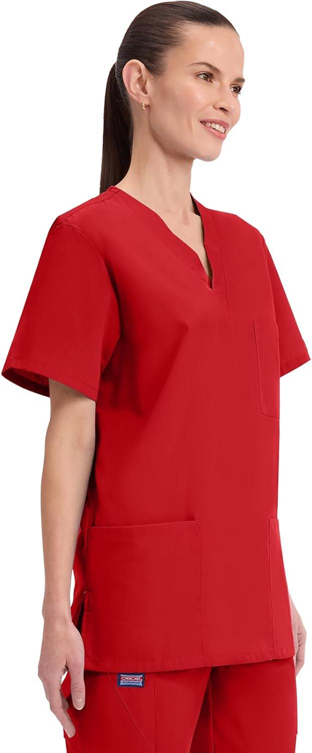 imageCherokee Scrubs for Women and Men Unisex VNeck Nursing Scrub Top with 3 Pockets Side Vents amp Easy Care Fabric 4876Red