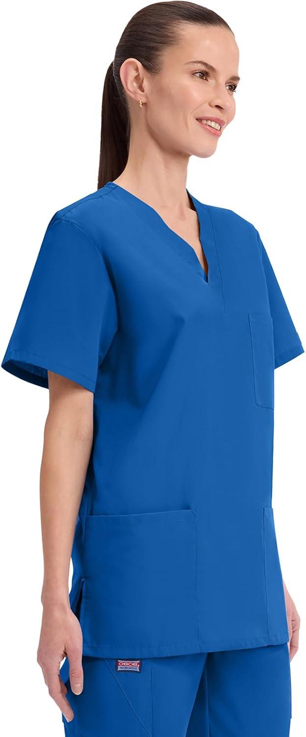 imageCherokee Scrubs for Women and Men Unisex VNeck Nursing Scrub Top with 3 Pockets Side Vents amp Easy Care Fabric 4876Royal