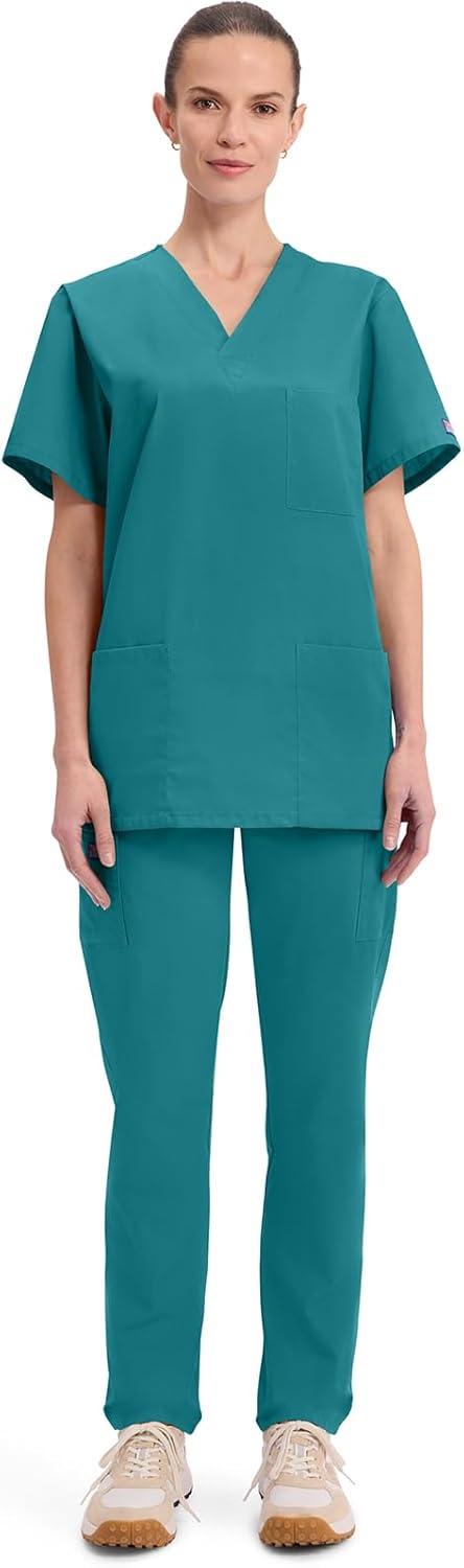 imageCherokee Scrubs for Women and Men Unisex VNeck Nursing Scrub Top with 3 Pockets Side Vents amp Easy Care Fabric 4876Teal Blue