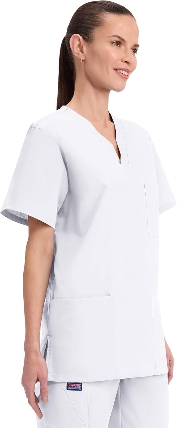 imageCherokee Scrubs for Women and Men Unisex VNeck Nursing Scrub Top with 3 Pockets Side Vents amp Easy Care Fabric 4876White