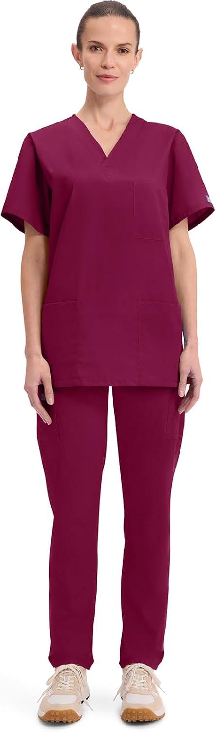 imageCherokee Scrubs for Women and Men Unisex VNeck Nursing Scrub Top with 3 Pockets Side Vents amp Easy Care Fabric 4876Wine