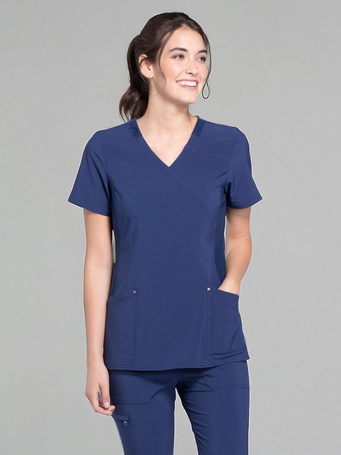 imageCherokee Women Mock Wrap Contemporary Fit Scrubs Top with Stretchy Knit Panel CK680Navy