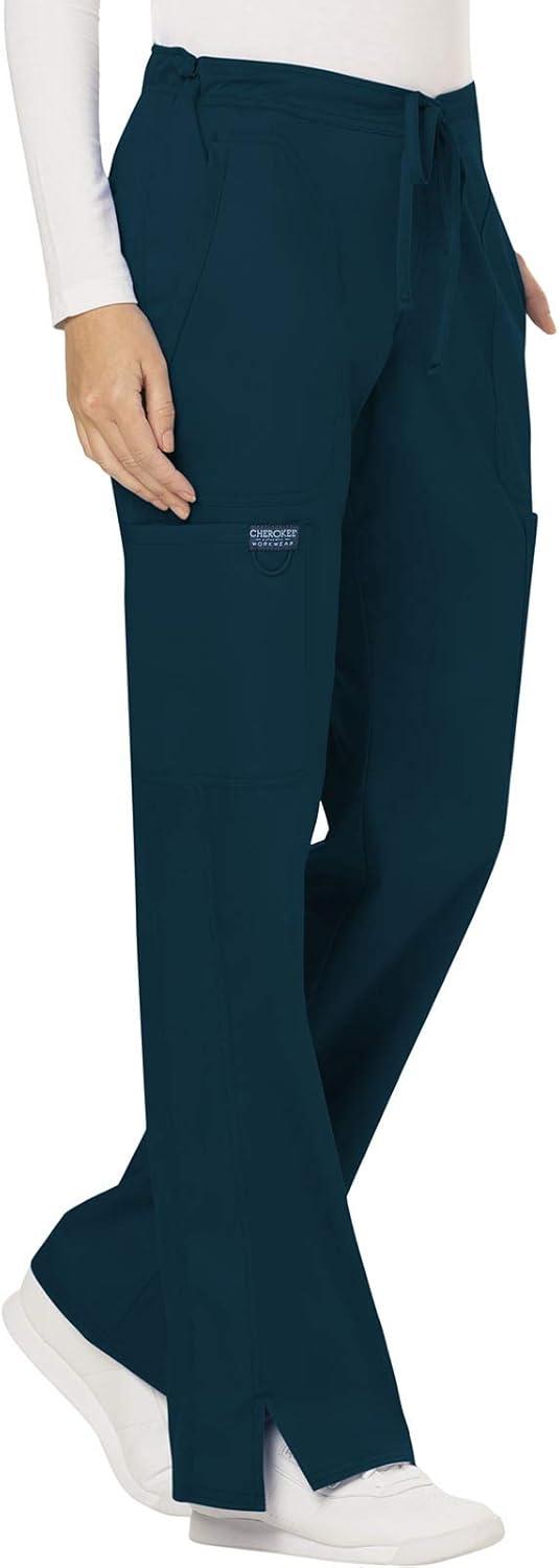 imageCherokee Women Scrubs Pant Workwear Revolution Mid Rise Moderate Flare Drawstring WW120Caribbean Blue