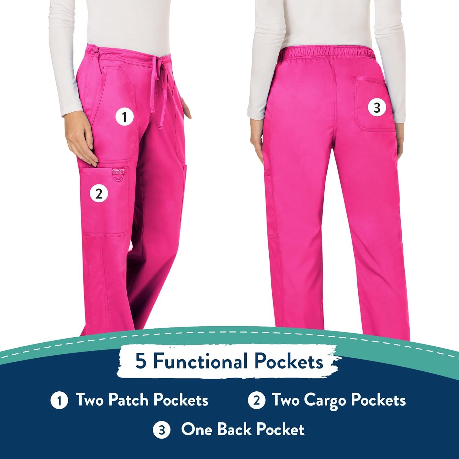 imageCherokee Women Scrubs Pant Workwear Revolution Mid Rise Moderate Flare Drawstring WW120Electric Pink