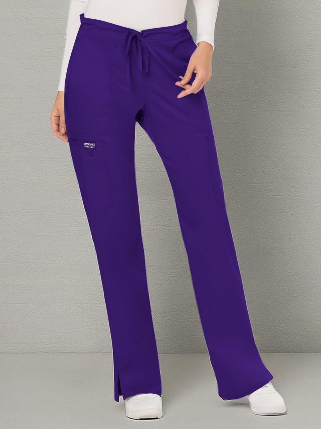 imageCherokee Women Scrubs Pant Workwear Revolution Mid Rise Moderate Flare Drawstring WW120Grape