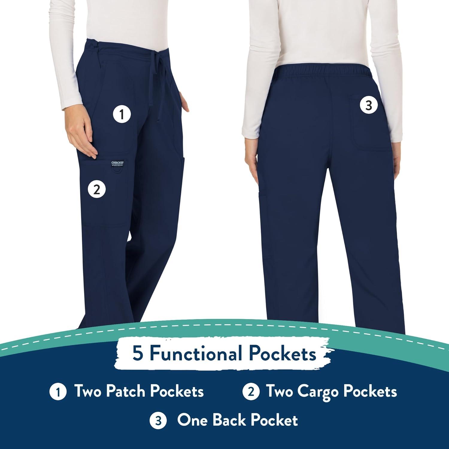 imageCherokee Women Scrubs Pant Workwear Revolution Mid Rise Moderate Flare Drawstring WW120Navy