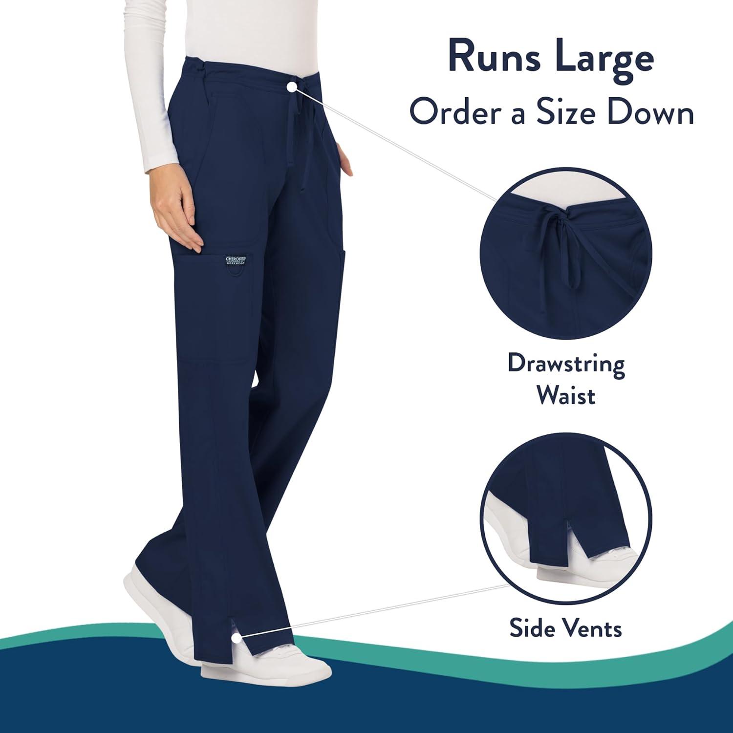 imageCherokee Women Scrubs Pant Workwear Revolution Mid Rise Moderate Flare Drawstring WW120Navy