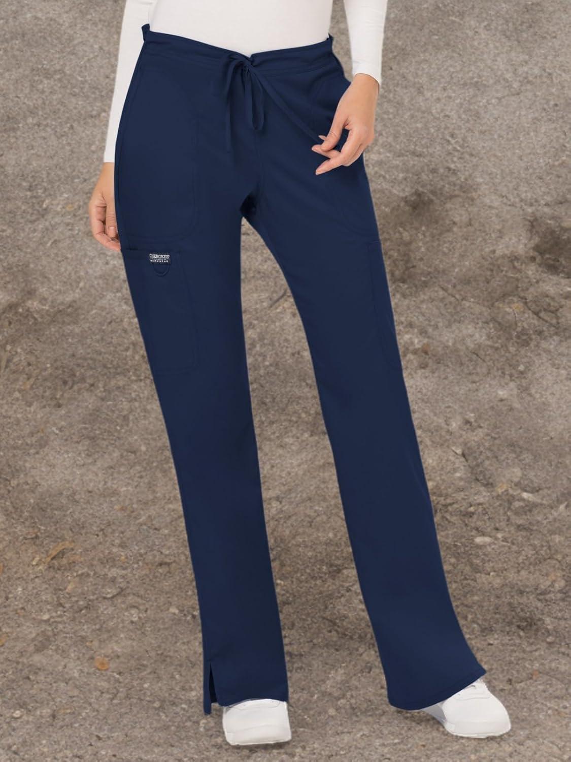 imageCherokee Women Scrubs Pant Workwear Revolution Mid Rise Moderate Flare Drawstring WW120Navy