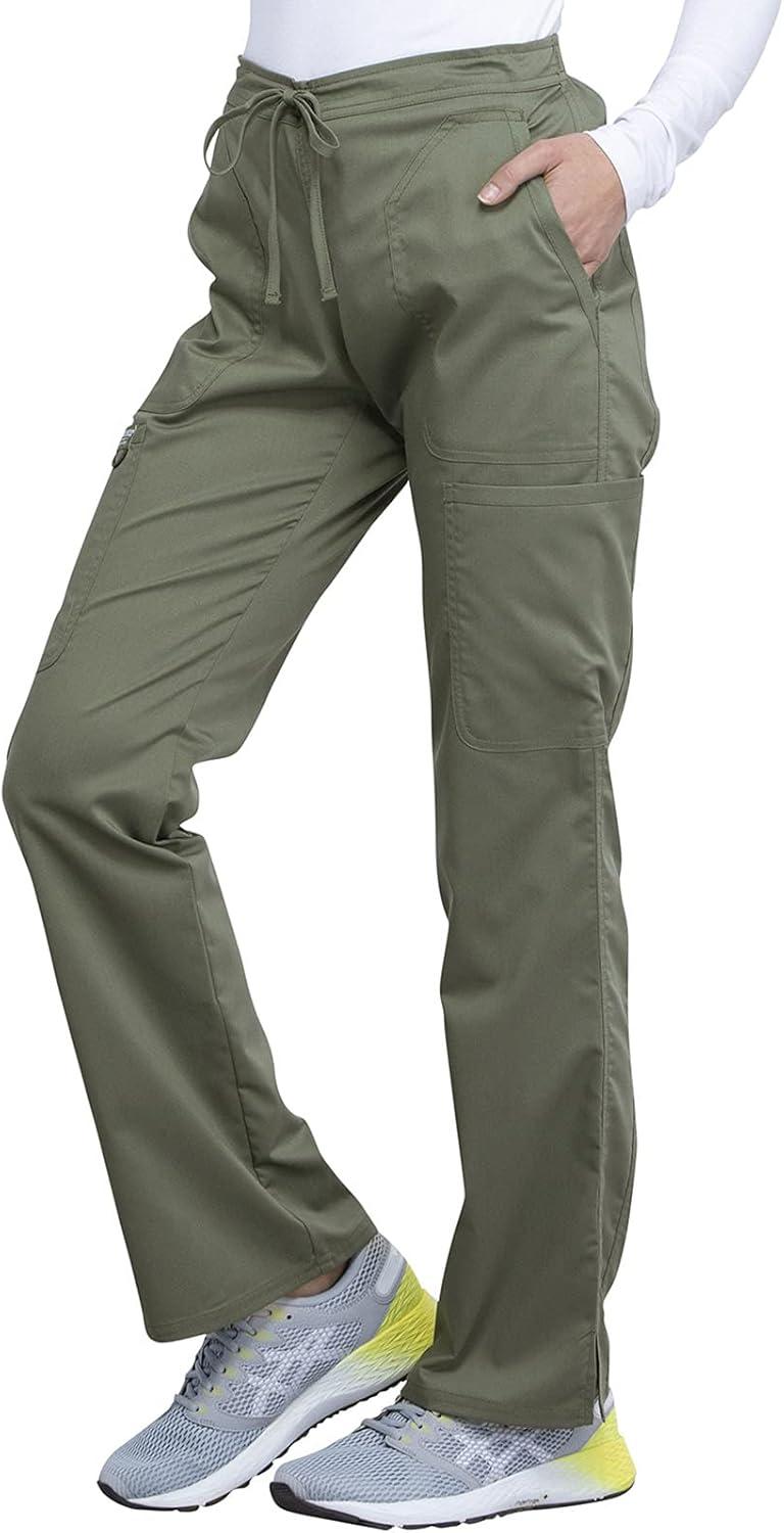 imageCherokee Women Scrubs Pant Workwear Revolution Mid Rise Moderate Flare Drawstring WW120Olive