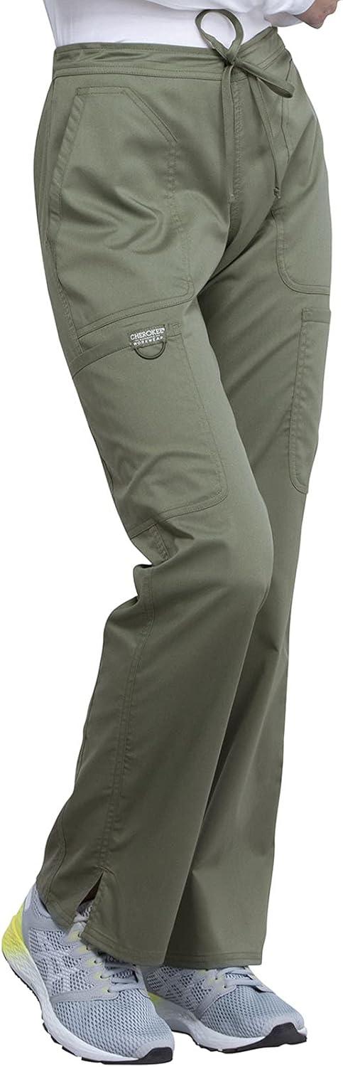 imageCherokee Women Scrubs Pant Workwear Revolution Mid Rise Moderate Flare Drawstring WW120Olive