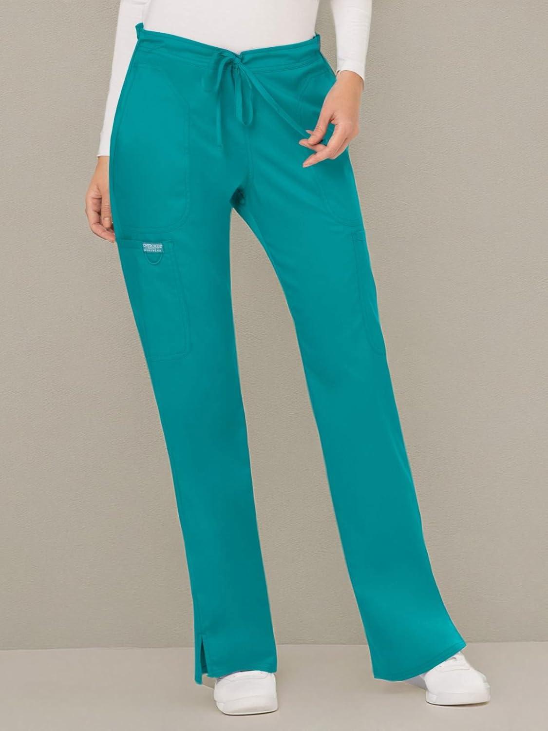 imageCherokee Women Scrubs Pant Workwear Revolution Mid Rise Moderate Flare Drawstring WW120Teal Blue