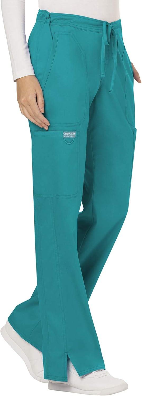 imageCherokee Women Scrubs Pant Workwear Revolution Mid Rise Moderate Flare Drawstring WW120Teal Blue