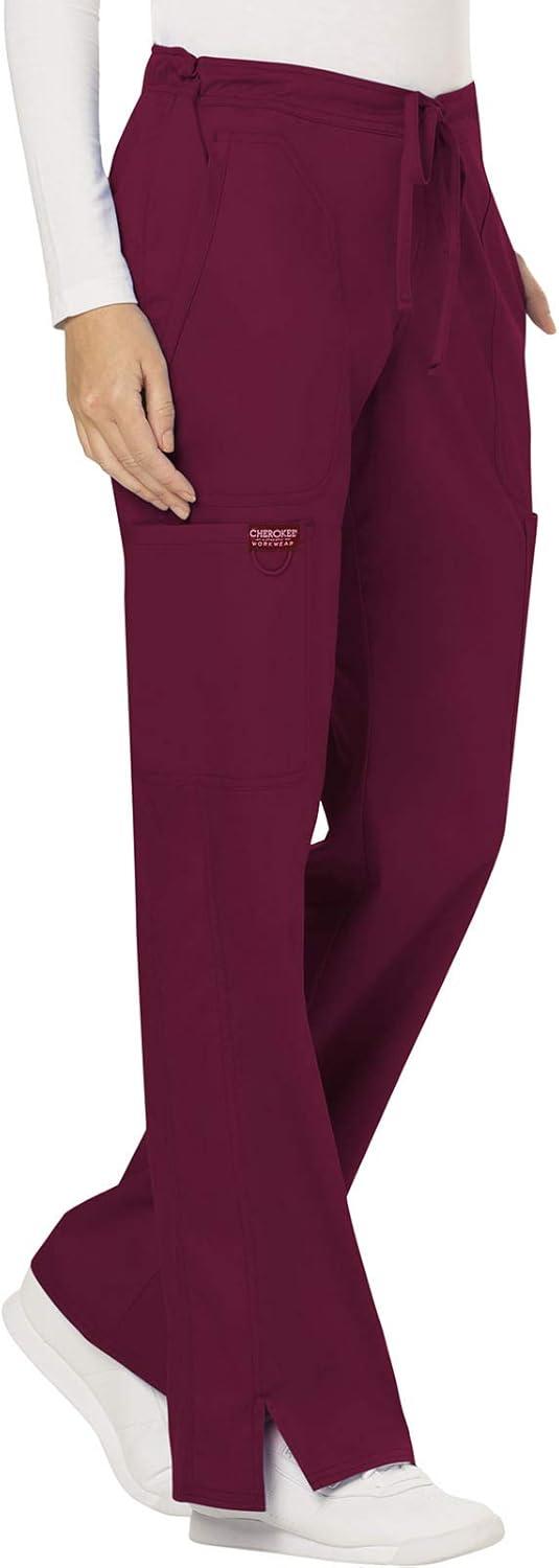 imageCherokee Women Scrubs Pant Workwear Revolution Mid Rise Moderate Flare Drawstring WW120Wine