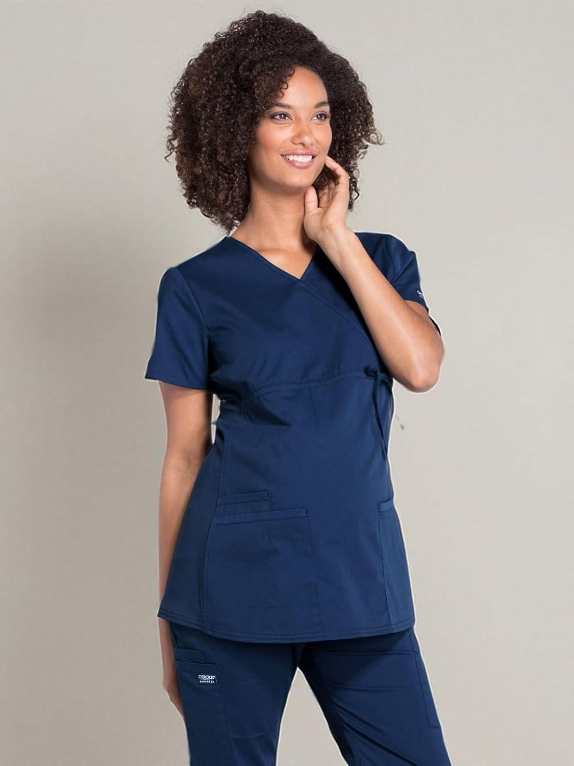 imageCherokee Womens Maternity Scrub Top with 3 Pockets Mock Wrap WW685Navy